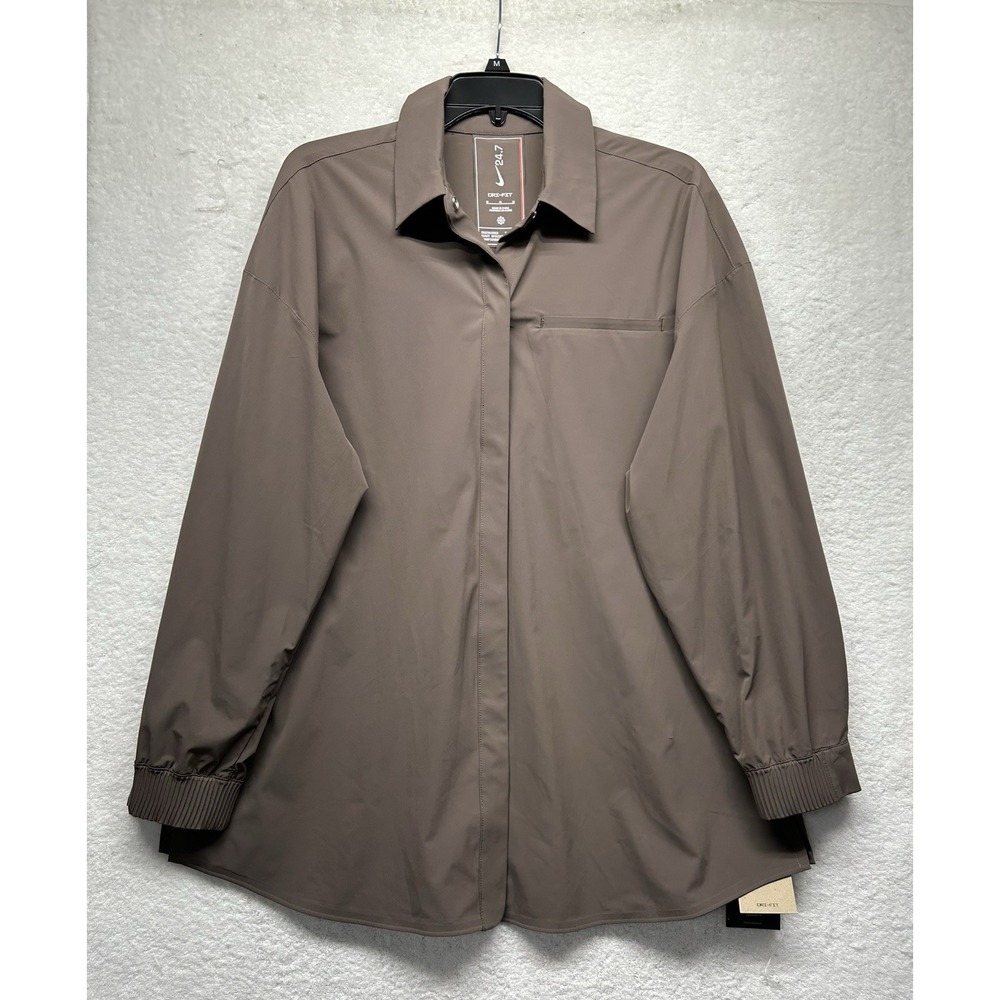 Nike Womens Size M Brown Long Sleeve Snap Button Oversized PerfectStretch Shirt*